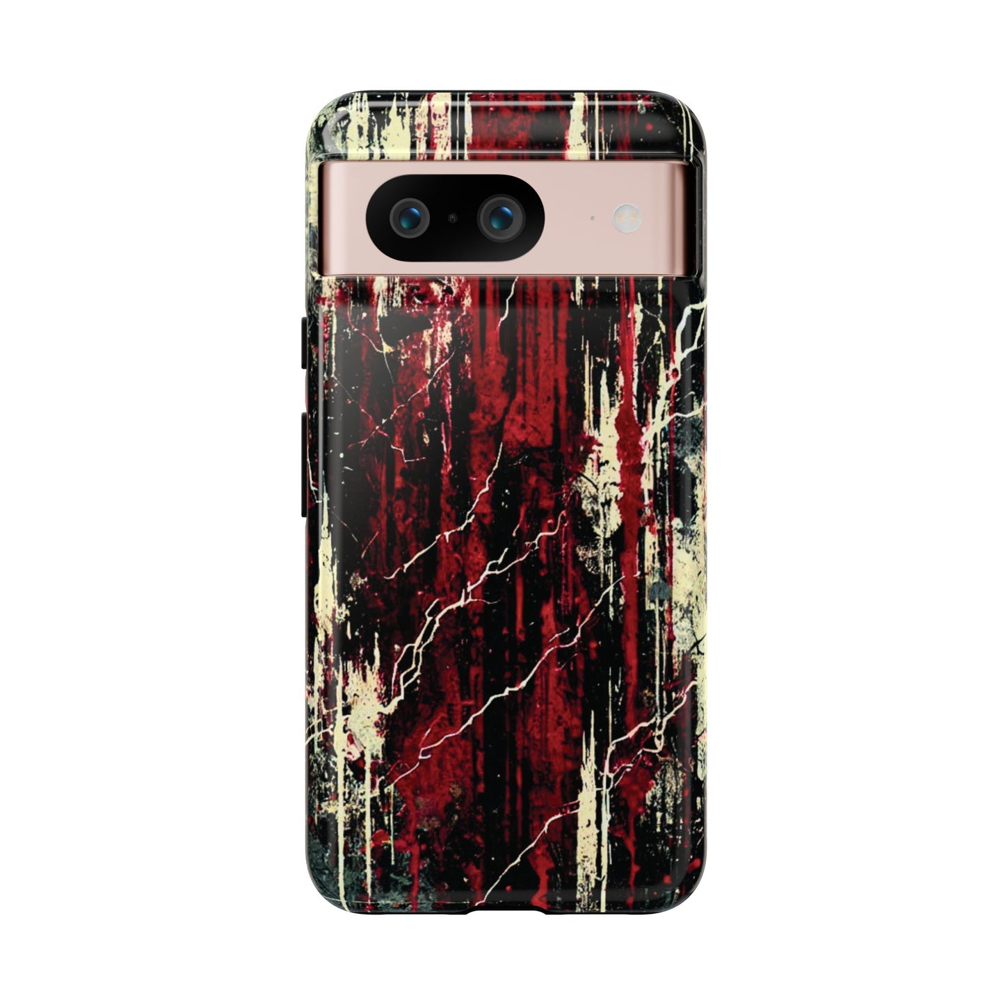 Corrosive impact-resistant phone case with distressed red, black, and bone-white design for iPhone, Samsung, and Google Pixel by NecroGrip.