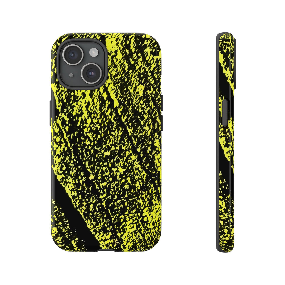 A phone case with a high-contrast black and neon yellow abstract textured pattern, shown from both the back and side profile views on a plain white background.