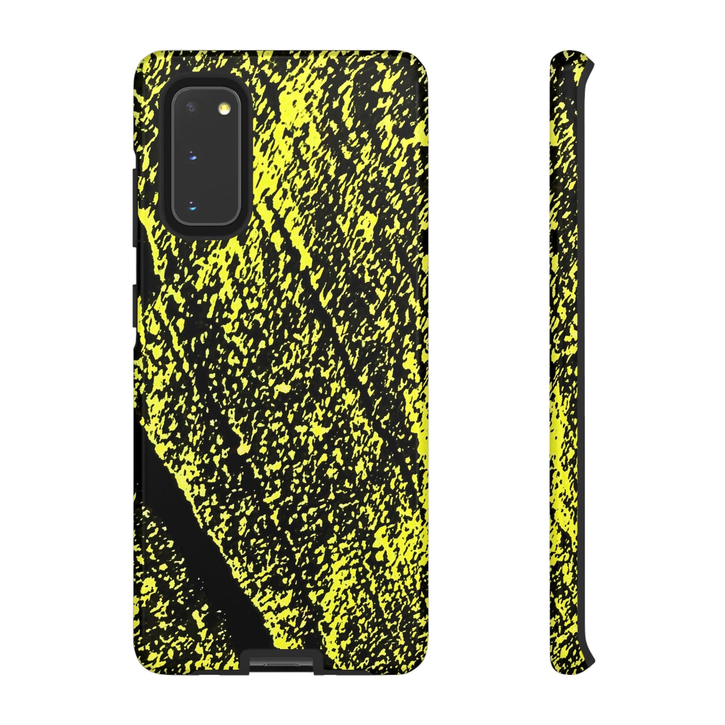 Bloom to Consume protective phone case featuring a black and toxic yellow organic decay pattern.