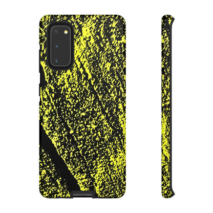 Bloom to Consume protective phone case featuring a black and toxic yellow organic decay pattern.