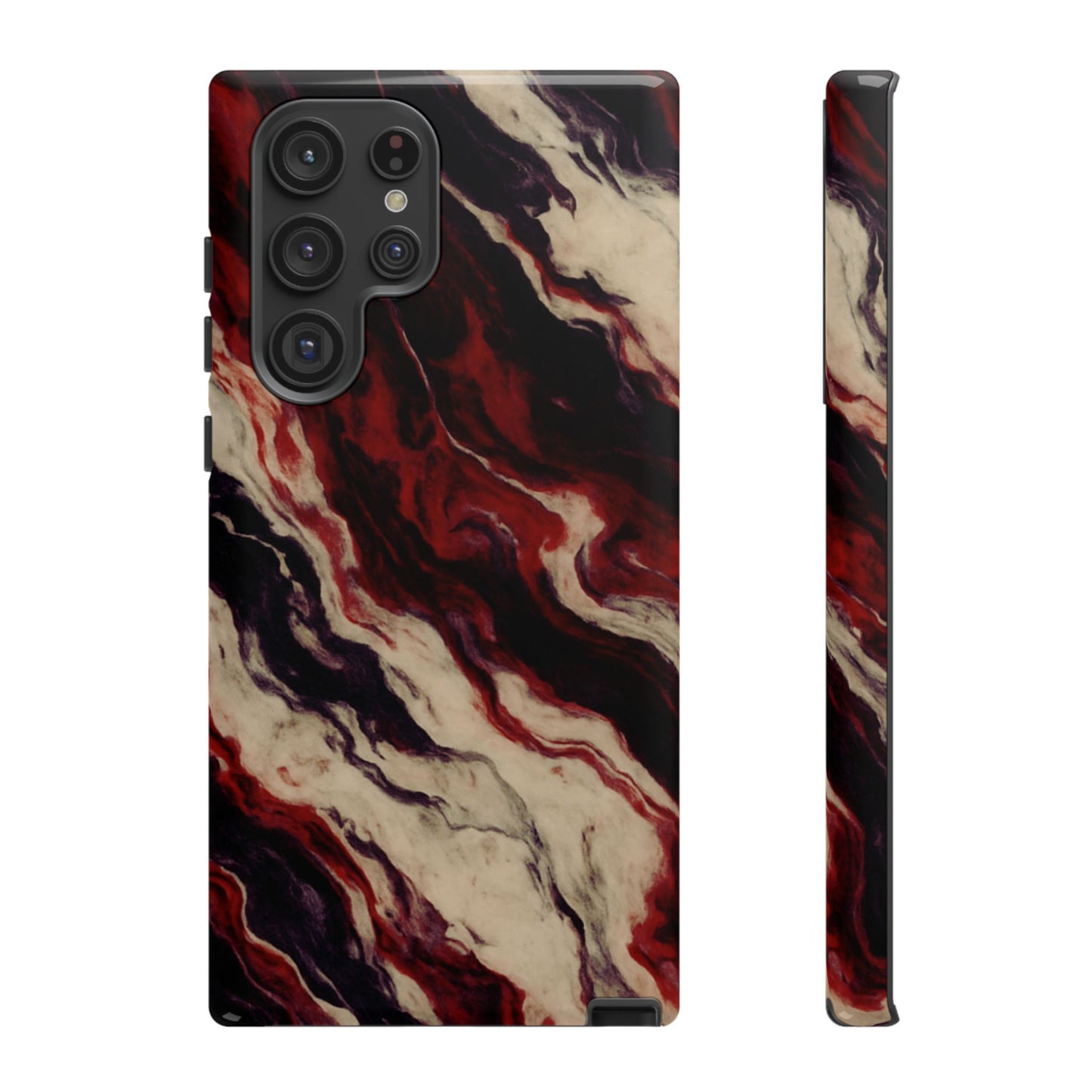 NecroGrip “Fascia” impact-resistant phone case with red, bone, and black marbled streaks, abstract muscle-like pattern on a slim dual-layer shell.