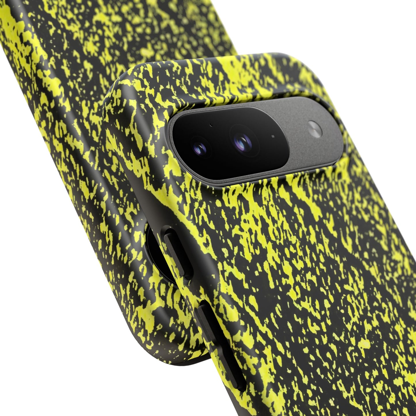 Close-up of a smartphone case with a black and neon yellow splatter pattern, fitted on a phone with a black camera bar, shown against a plain white background.