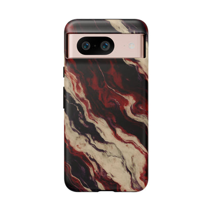 NecroGrip “Fascia” impact-resistant phone case with red, bone, and black marbled streaks, abstract muscle-like pattern on a slim dual-layer shell.