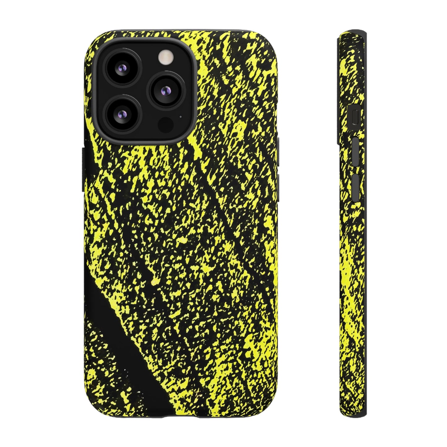 A phone case with a high-contrast black and neon yellow splatter pattern, shown from both the back and side profile views against a plain white background.