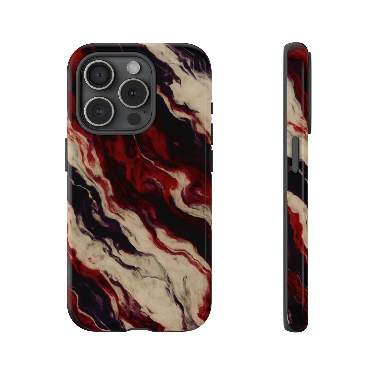 NecroGrip “Fascia” impact-resistant phone case with red, bone, and black marbled streaks, abstract muscle-like pattern on a slim dual-layer shell.