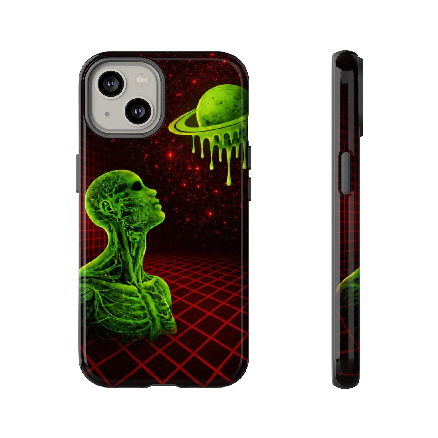 Glowing green anatomical bust gazing up at a dripping Saturn-like planet over a red grid and star-speckled space background on a black phone case.