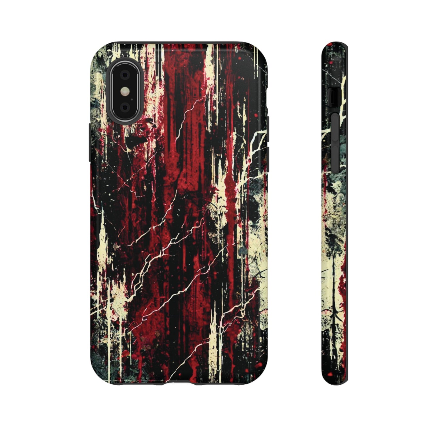 Corrosive tough phone case with red, black, and bone-white distressed design. Impact-resistant protection for iPhone, Samsung, and Google Pixel by NecroGrip.