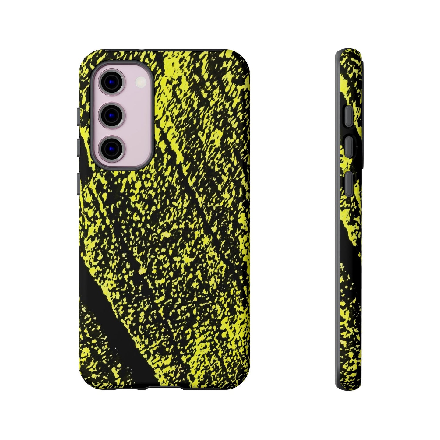 Bloom to Consume protective phone case featuring a black and toxic yellow organic decay pattern.