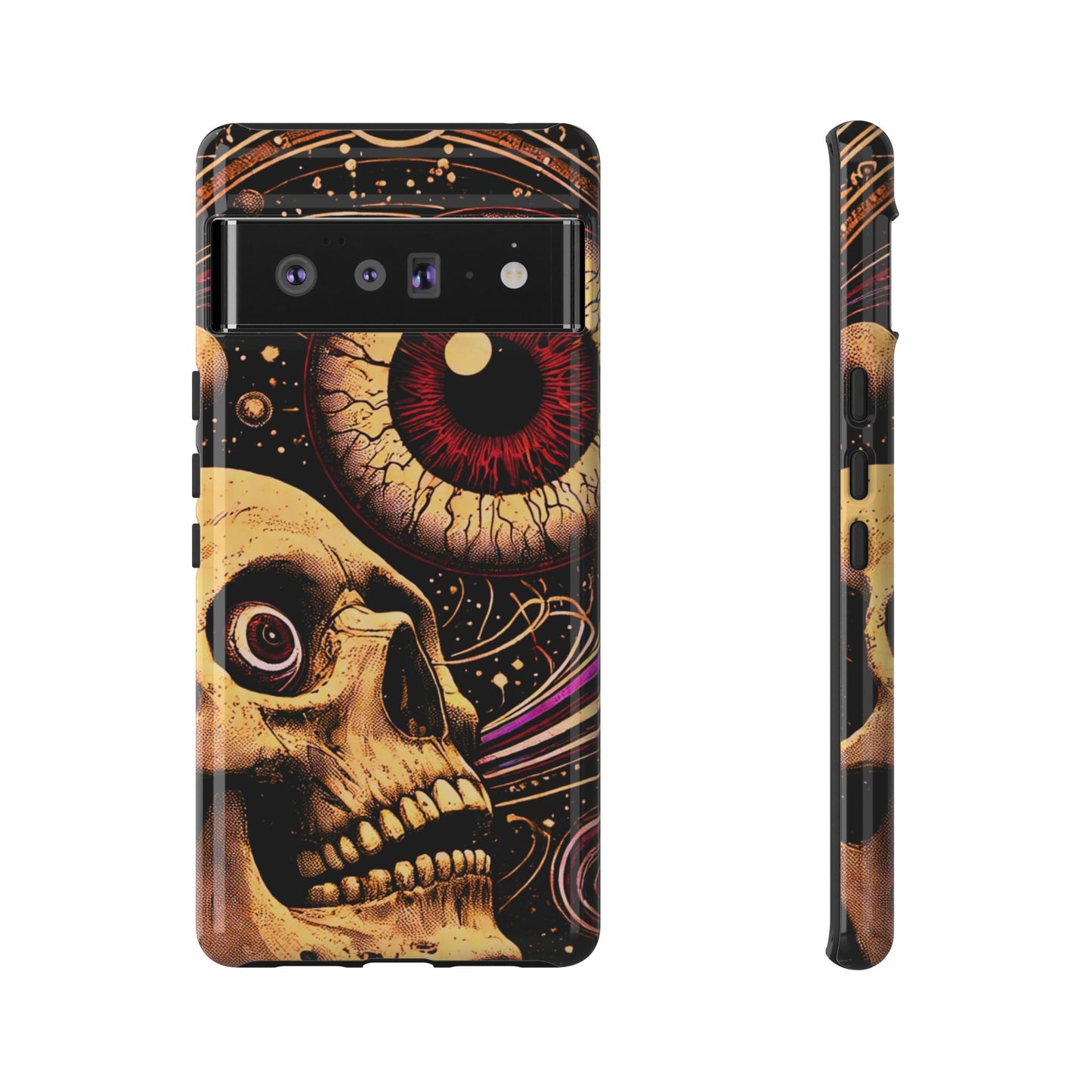 Impact-resistant tough phone case featuring a dark cosmic skull and eye design on a durable dual-layer shell by NecroGrip.