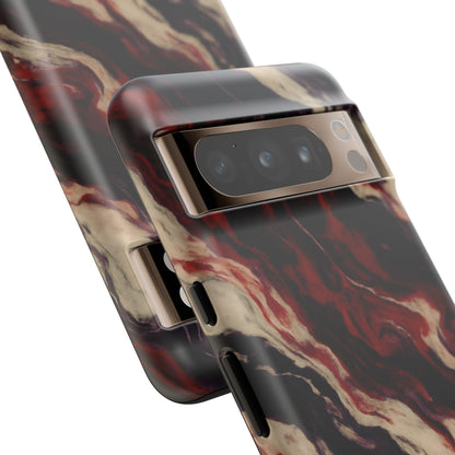 NecroGrip “Fascia” impact-resistant phone case with red, bone, and black marbled streaks, abstract muscle-like pattern on a slim dual-layer shell.