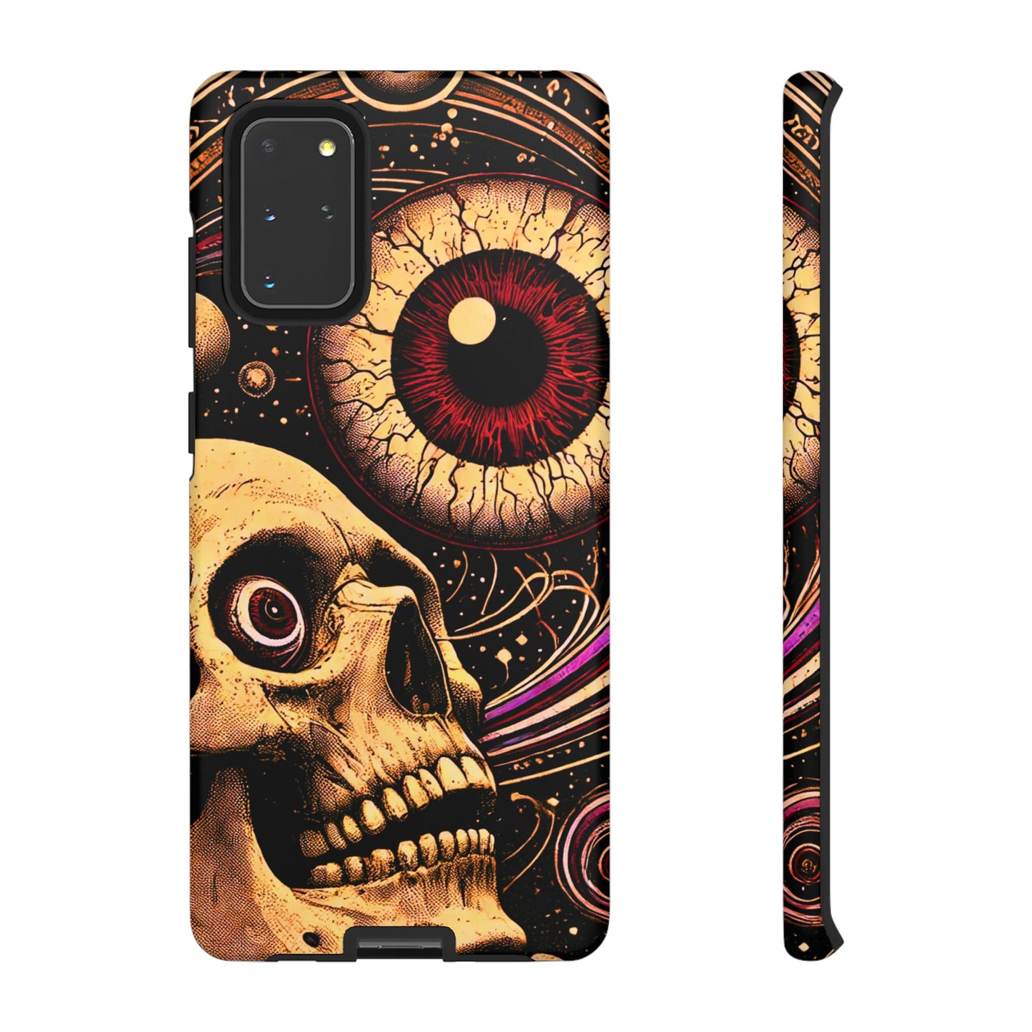 Impact-resistant tough phone case featuring a dark cosmic skull and eye design on a durable dual-layer shell by NecroGrip.
