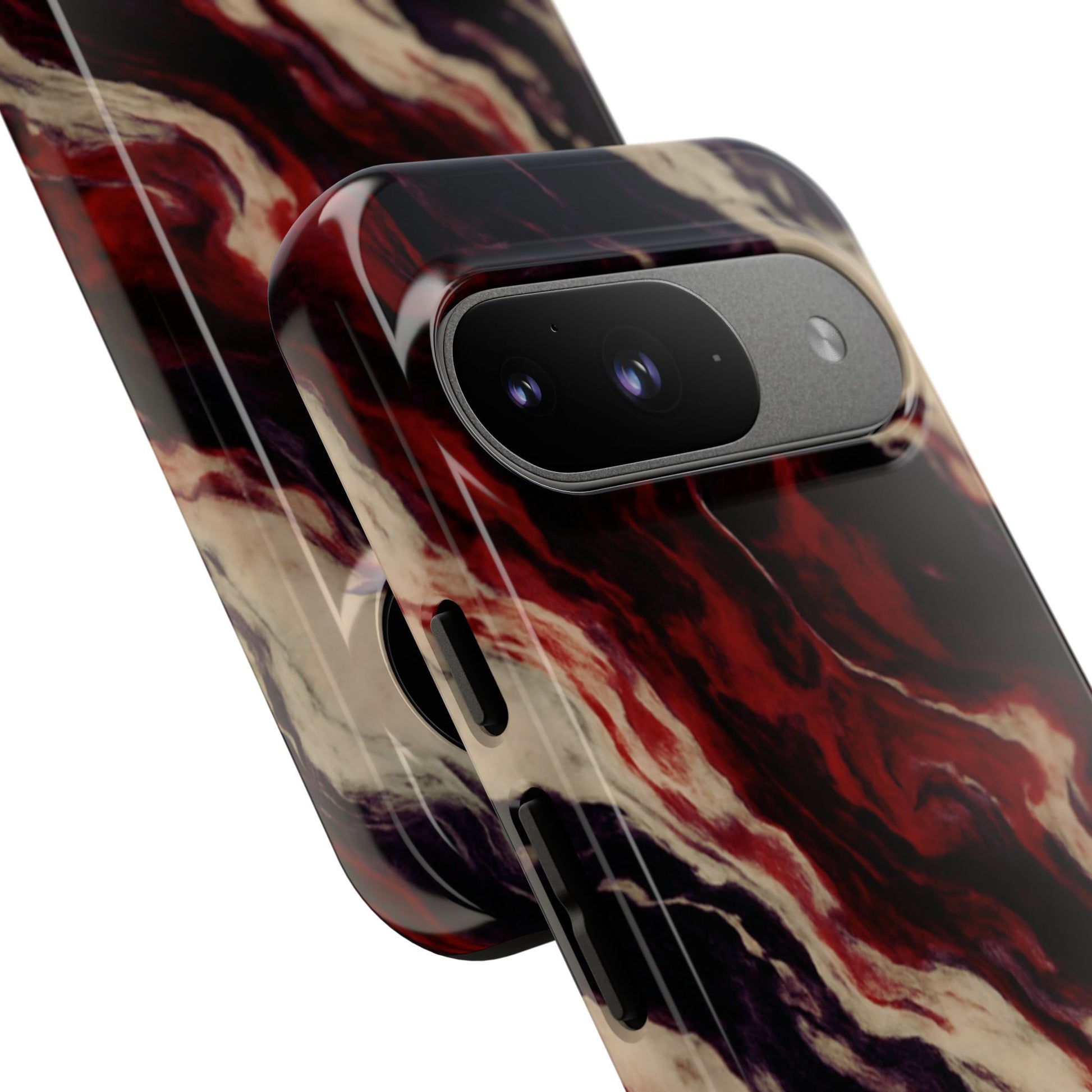 NecroGrip “Fascia” impact-resistant phone case with red, bone, and black marbled streaks, abstract muscle-like pattern on a slim dual-layer shell.