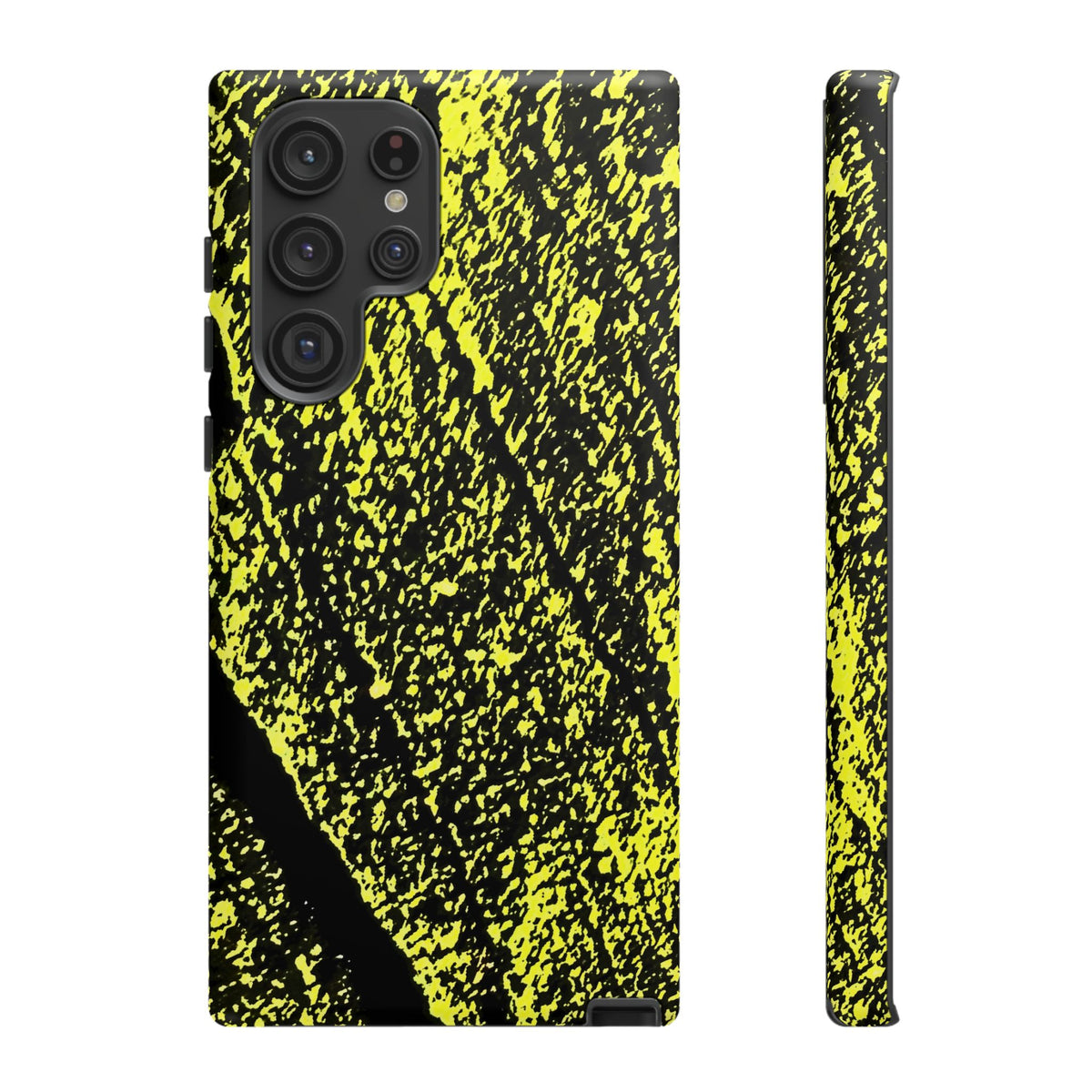 Bloom to Consume protective phone case featuring a black and toxic yellow organic decay pattern.