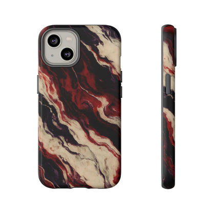 NecroGrip “Fascia” impact-resistant phone case with red, bone, and black marbled streaks, abstract muscle-like pattern on a slim dual-layer shell.