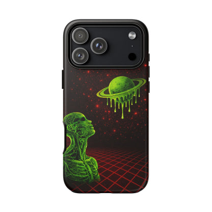 Glowing green anatomical bust gazing up at a dripping Saturn-like planet over a red grid and star-speckled space background on a black phone case.