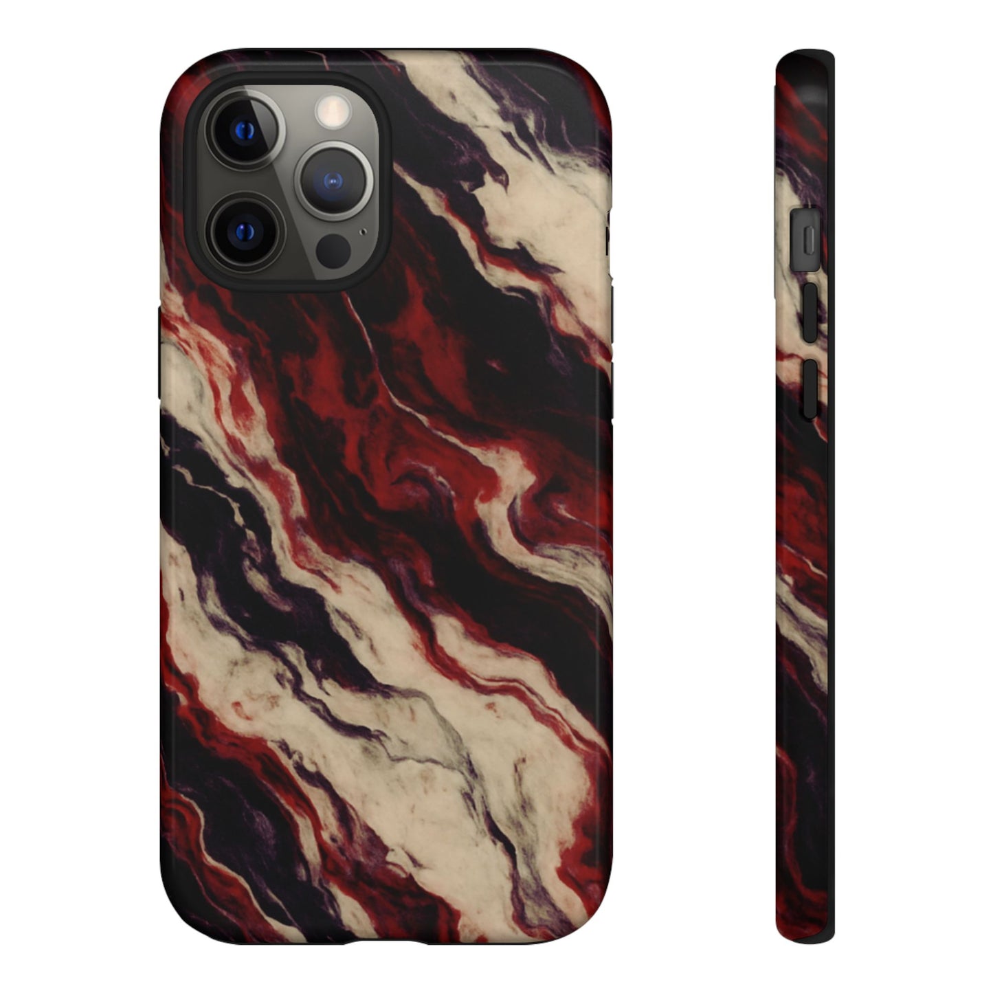Phone case with red, black, and beige marble pattern on a white background