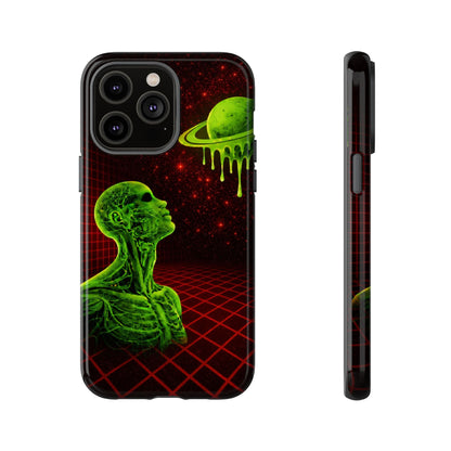 Glowing green anatomical bust gazing up at a dripping Saturn-like planet over a red grid and star-speckled space background on a black phone case.