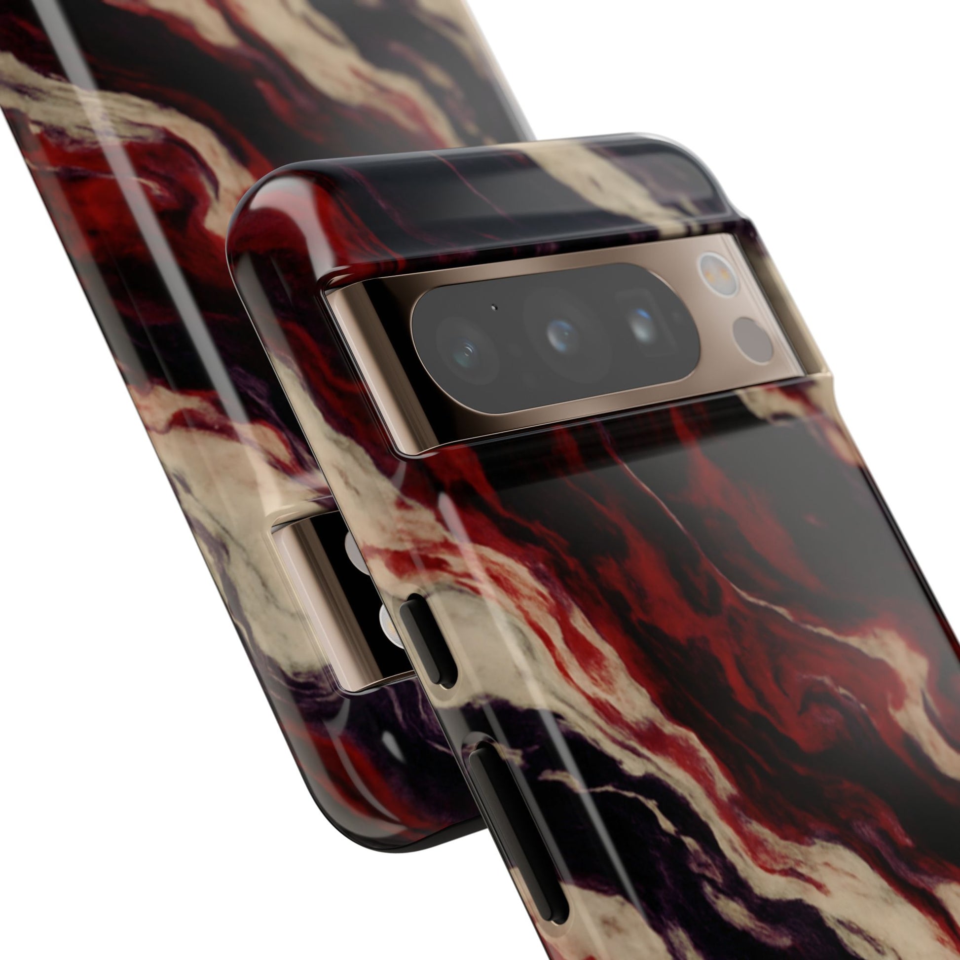 NecroGrip “Fascia” impact-resistant phone case with red, bone, and black marbled streaks, abstract muscle-like pattern on a slim dual-layer shell.