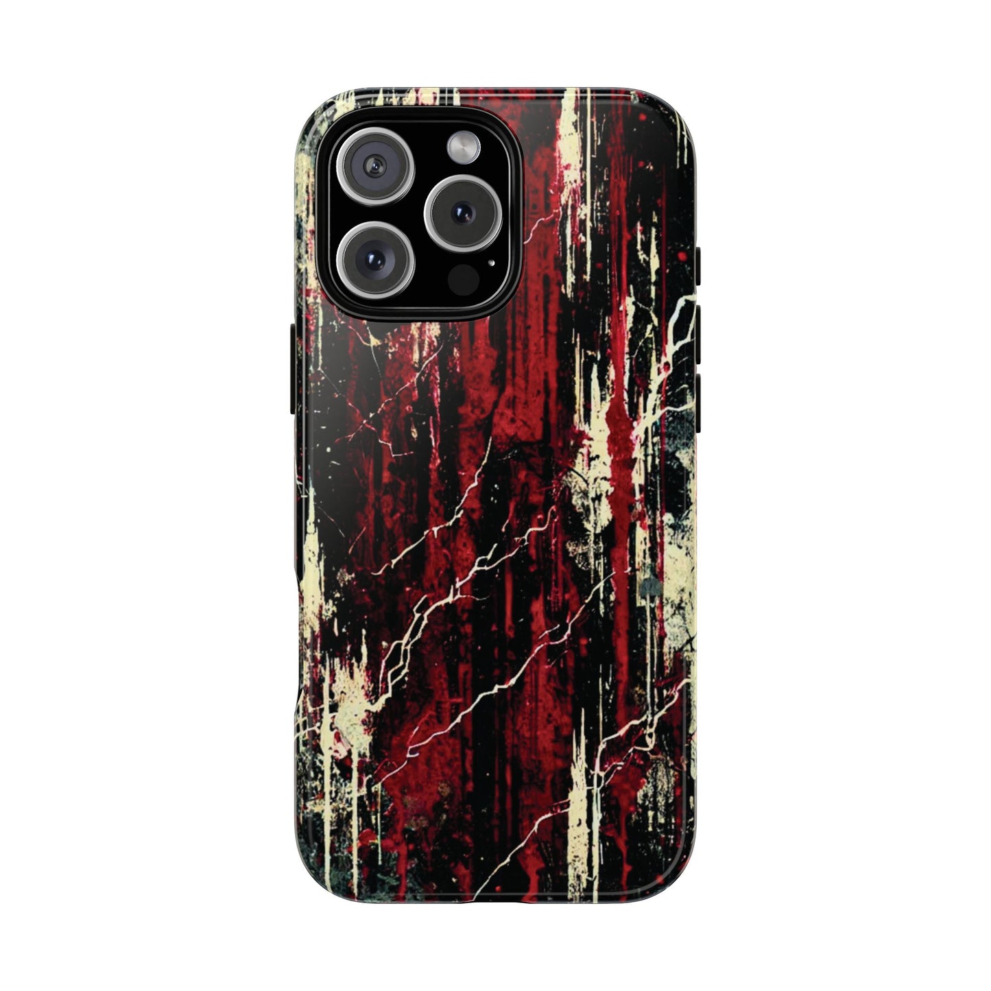 Corrosive impact-resistant phone case with distressed red, black, and bone-white design for iPhone, Samsung, and Google Pixel by NecroGrip.