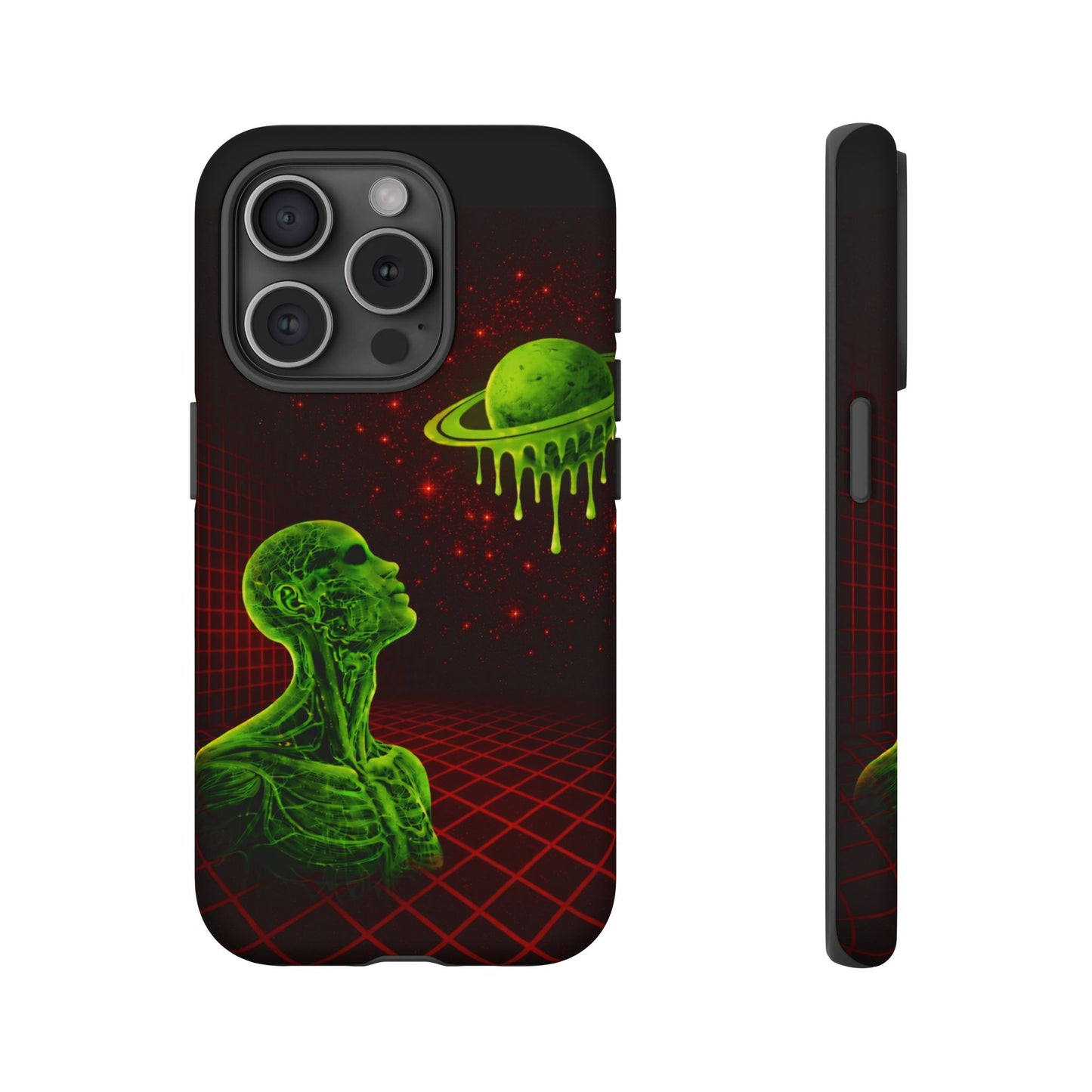 Glowing green anatomical bust gazing up at a dripping Saturn-like planet over a red grid and star-speckled space background on a black phone case.