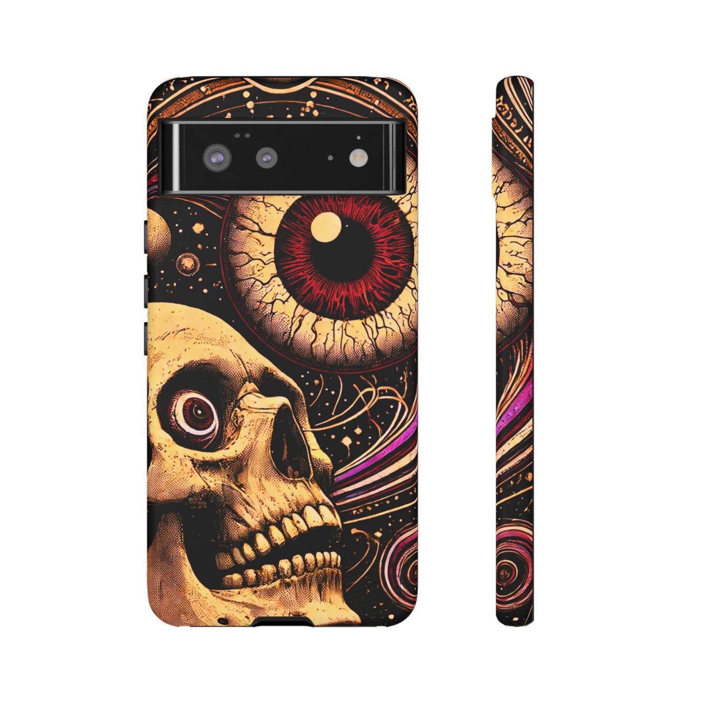 Impact-resistant tough phone case featuring a dark cosmic skull and eye design on a durable dual-layer shell by NecroGrip.