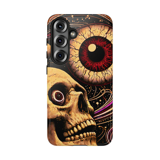 Impact-resistant tough phone case featuring a dark cosmic skull and eye design on a durable dual-layer shell by NecroGrip.