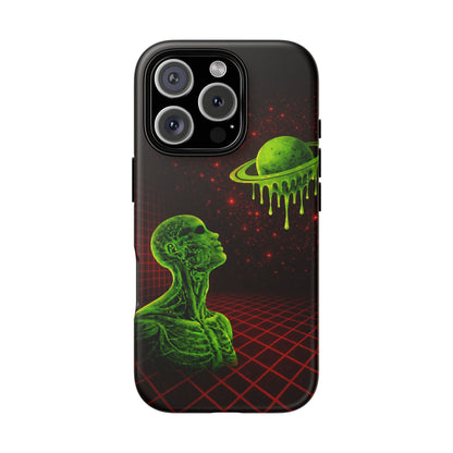 Glowing green anatomical bust gazing up at a dripping Saturn-like planet over a red grid and star-speckled space background on a black phone case.