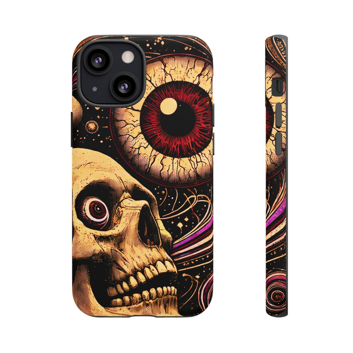 Impact-resistant tough phone case featuring a dark cosmic skull and eye design on a durable dual-layer shell by NecroGrip.