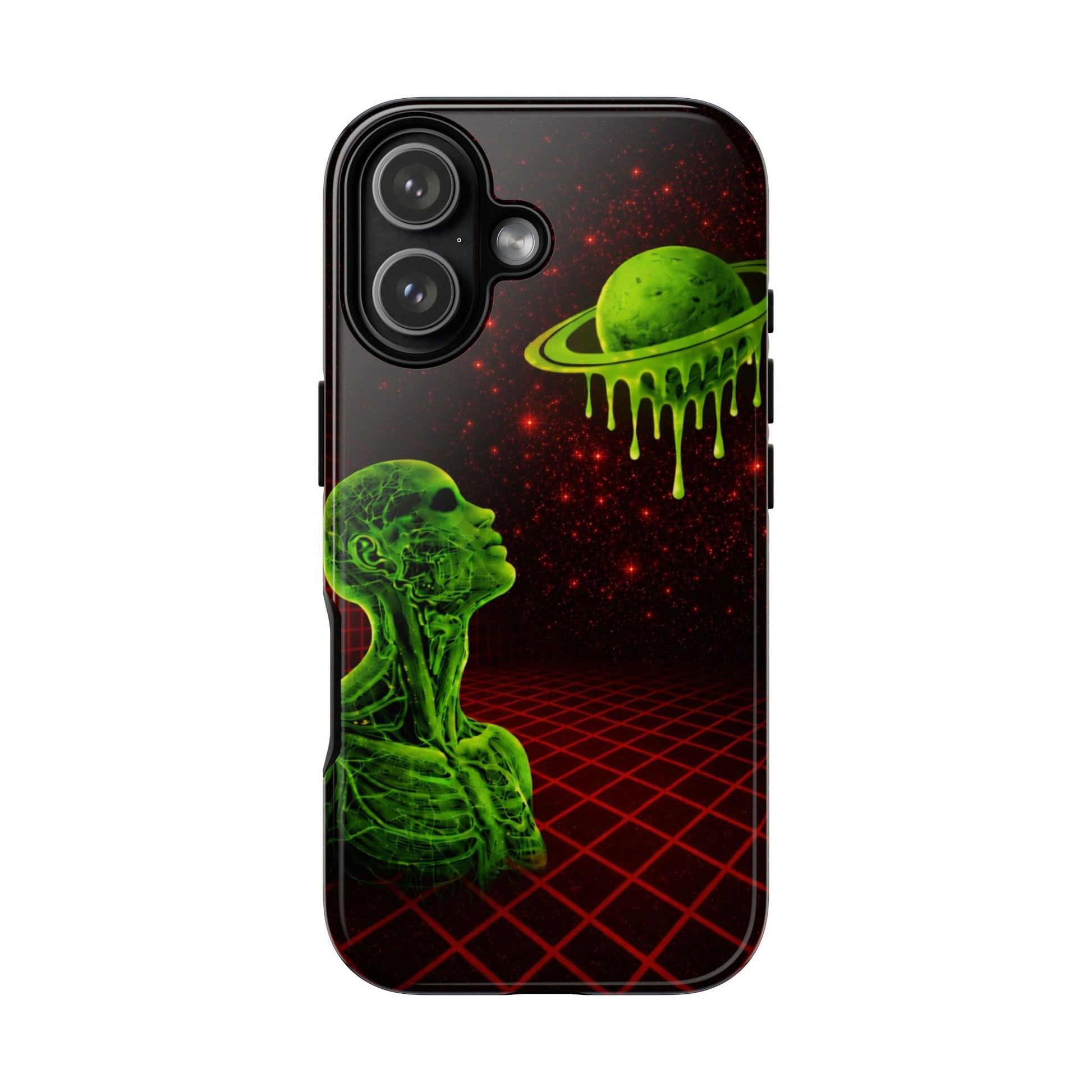 Glowing green anatomical bust gazing up at a dripping Saturn-like planet over a red grid and star-speckled space background on a black phone case.