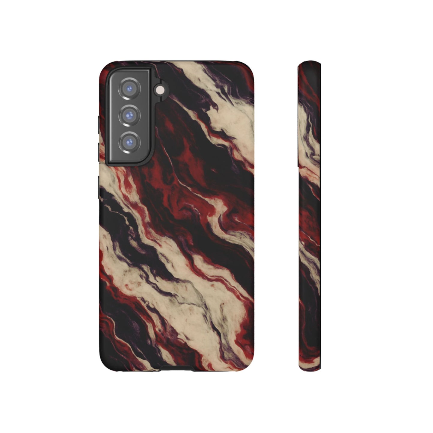 NecroGrip “Fascia” impact-resistant phone case with red, bone, and black marbled streaks, abstract muscle-like pattern on a slim dual-layer shell.