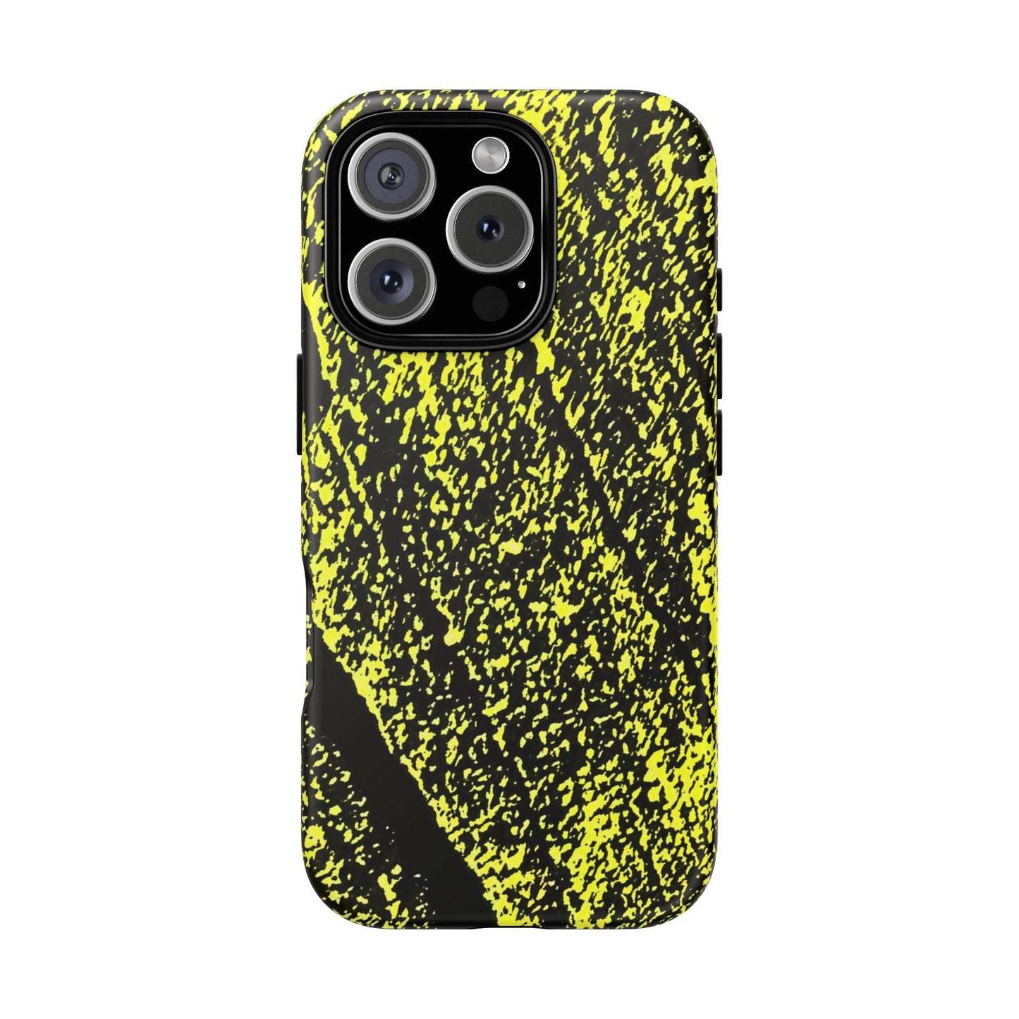 A protective phone case with a high-contrast black and neon yellow splatter pattern, shown on a clean white background.
