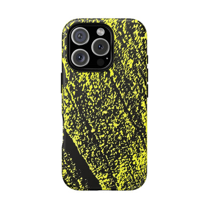 A protective phone case with a high-contrast black and neon yellow splatter pattern, shown on a clean white background.