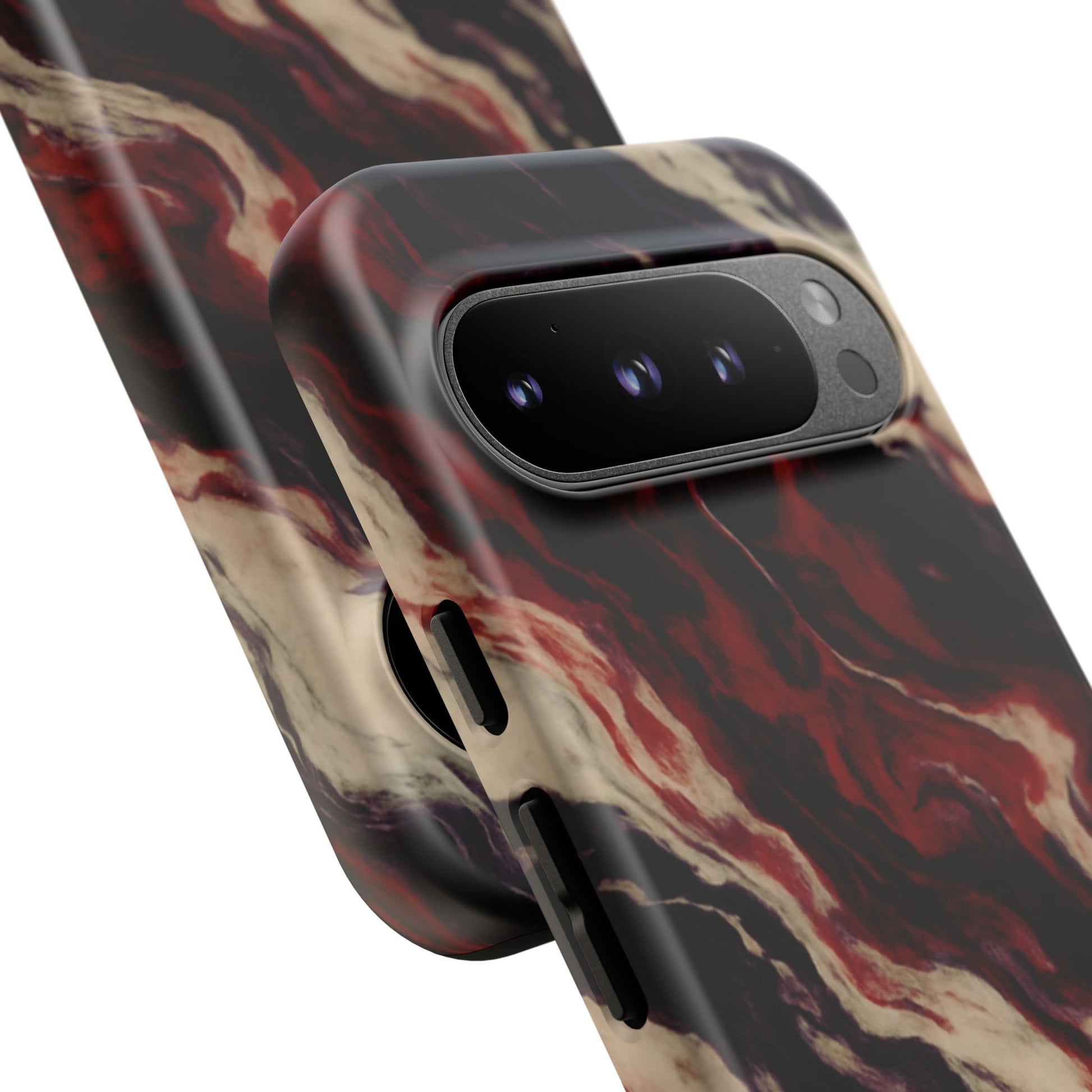 NecroGrip “Fascia” impact-resistant phone case with red, bone, and black marbled streaks, abstract muscle-like pattern on a slim dual-layer shell.
