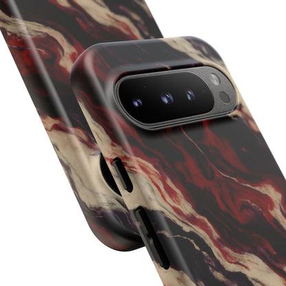 NecroGrip “Fascia” impact-resistant phone case with red, bone, and black marbled streaks, abstract muscle-like pattern on a slim dual-layer shell.