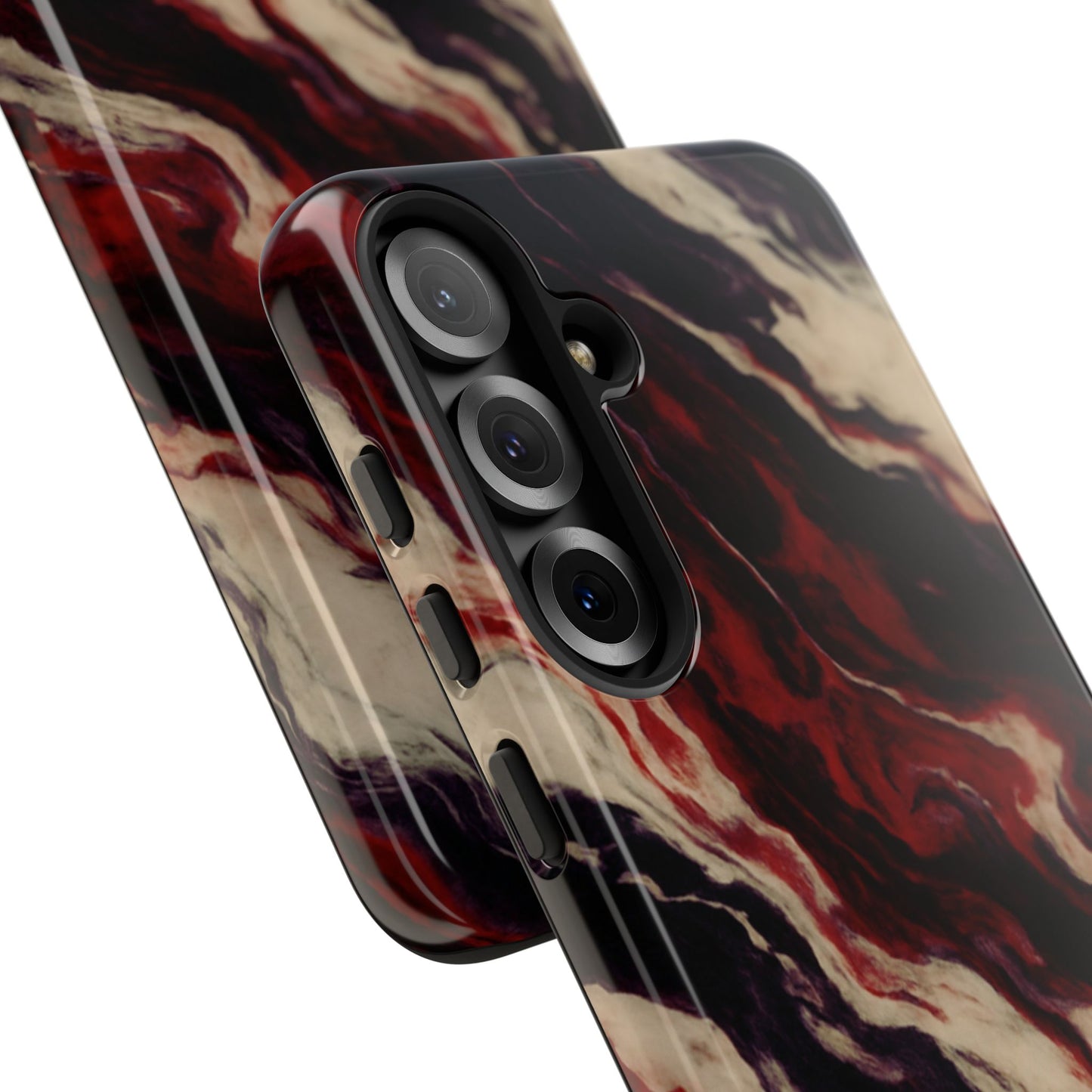 NecroGrip “Fascia” impact-resistant phone case with red, bone, and black marbled streaks, abstract muscle-like pattern on a slim dual-layer shell.