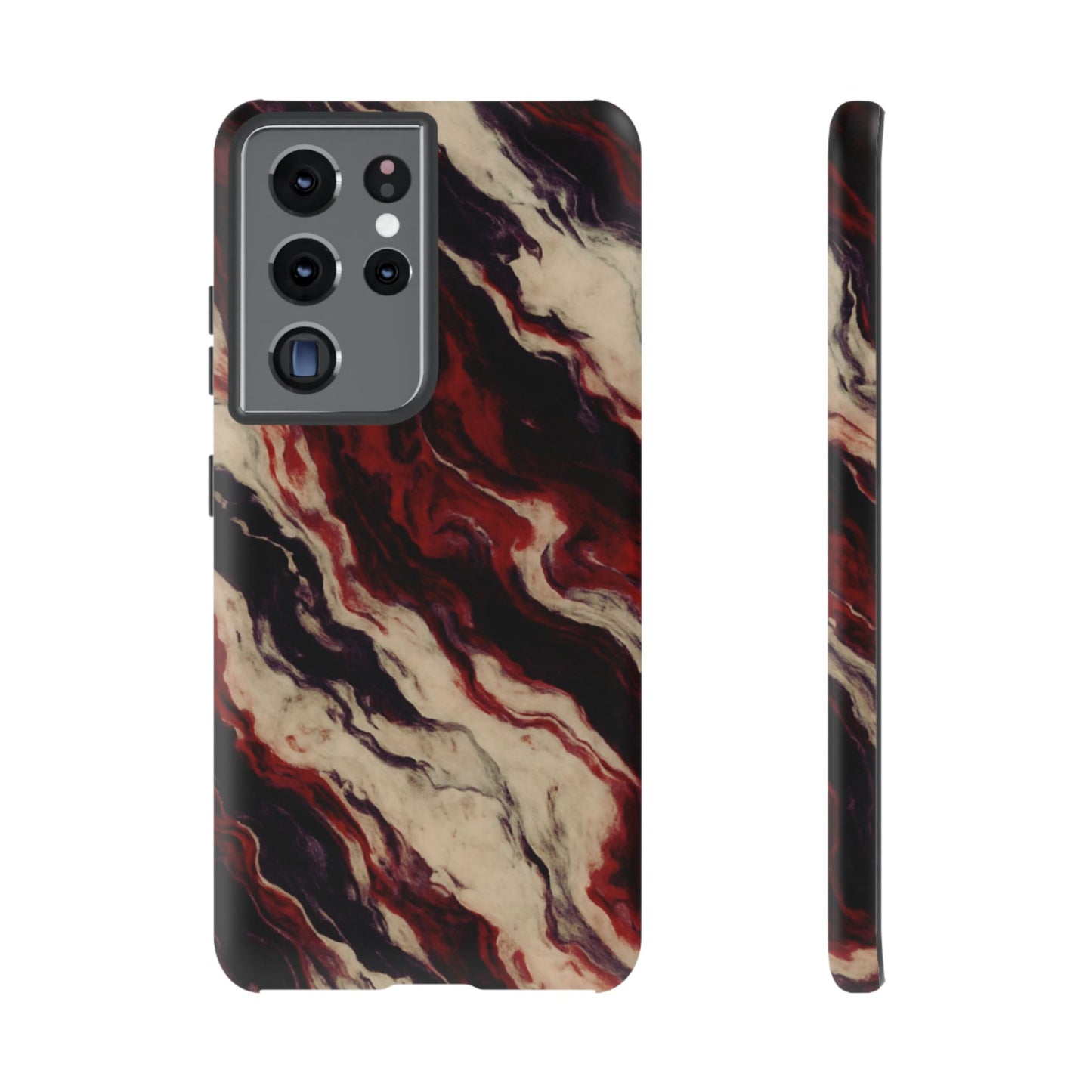 NecroGrip “Fascia” impact-resistant phone case with red, bone, and black marbled streaks, abstract muscle-like pattern on a slim dual-layer shell.