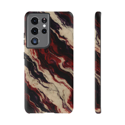NecroGrip “Fascia” impact-resistant phone case with red, bone, and black marbled streaks, abstract muscle-like pattern on a slim dual-layer shell.