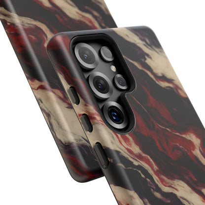 NecroGrip “Fascia” impact-resistant phone case with red, bone, and black marbled streaks, abstract muscle-like pattern on a slim dual-layer shell.