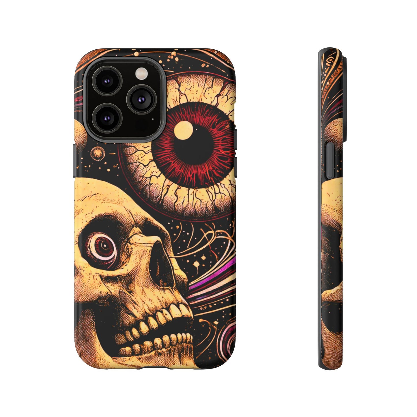 Impact-resistant tough phone case featuring a dark cosmic skull and eye design on a durable dual-layer shell by NecroGrip.