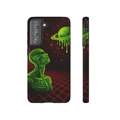 Glowing green anatomical bust gazing up at a dripping Saturn-like planet over a red grid and star-speckled space background on a black phone case.