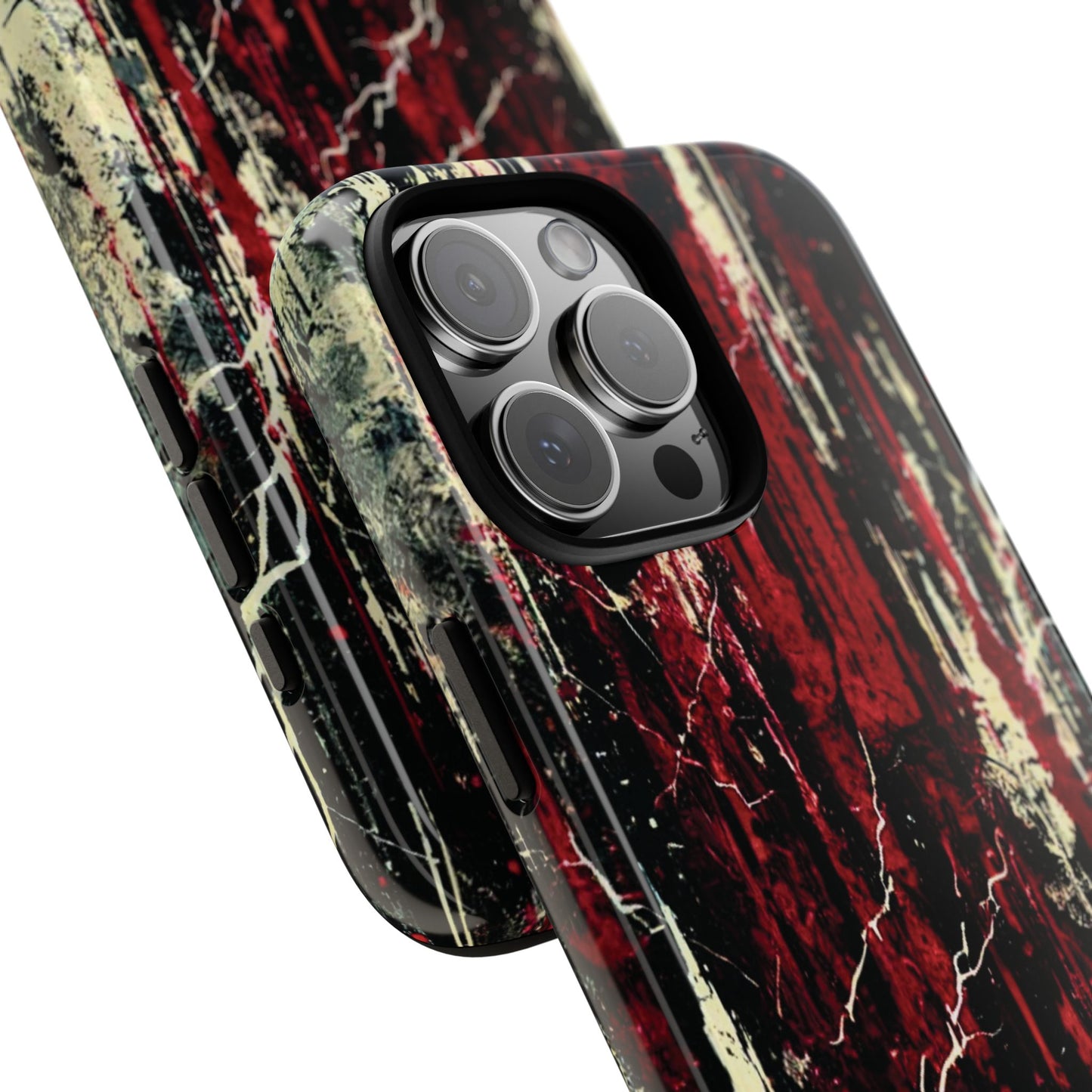 Corrosive impact-resistant phone case with distressed red, black, and bone-white design for iPhone, Samsung, and Google Pixel by NecroGrip.