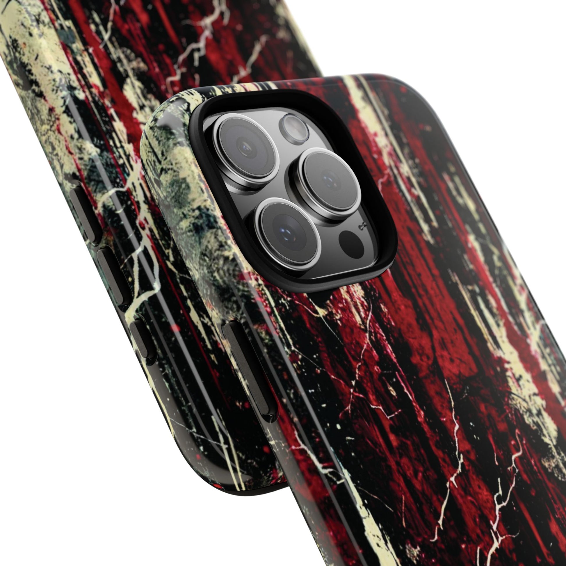 Corrosive impact-resistant phone case with distressed red, black, and bone-white design for iPhone, Samsung, and Google Pixel by NecroGrip.