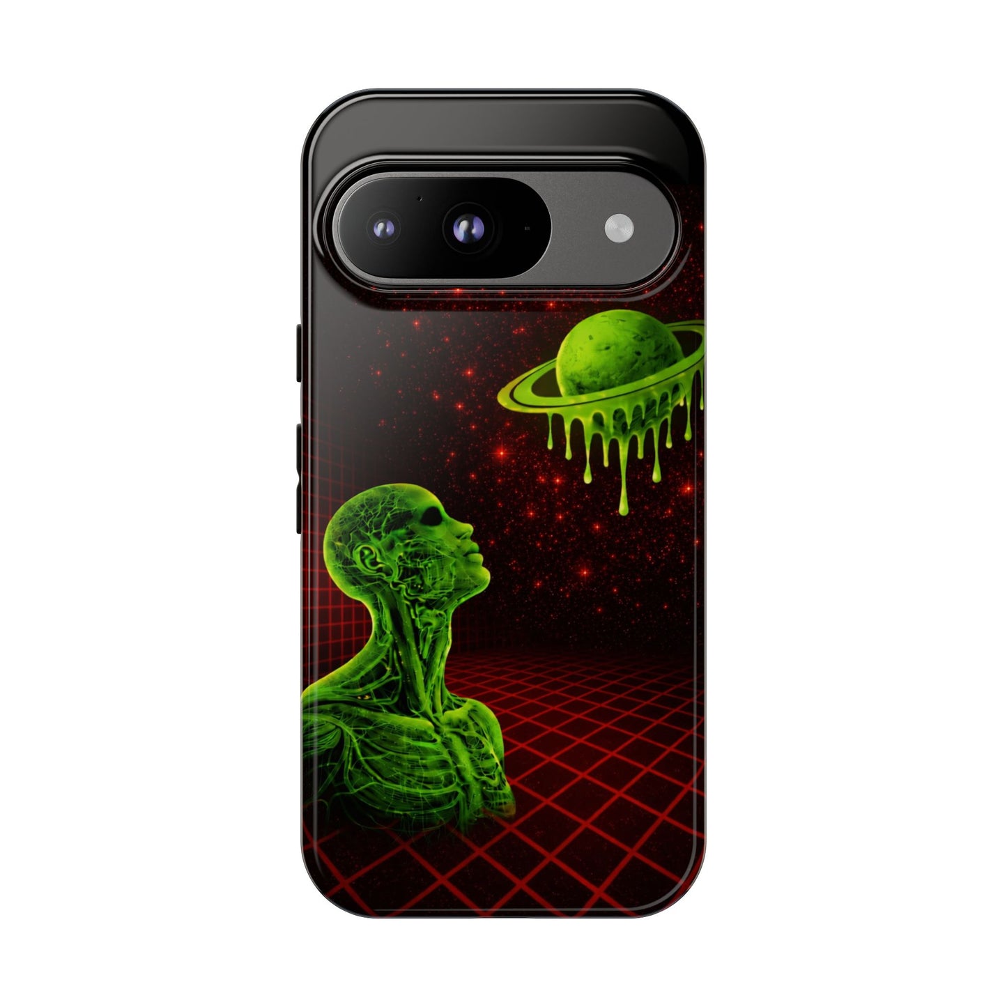 Glowing green anatomical bust gazing up at a dripping Saturn-like planet over a red grid and star-speckled space background on a black phone case.