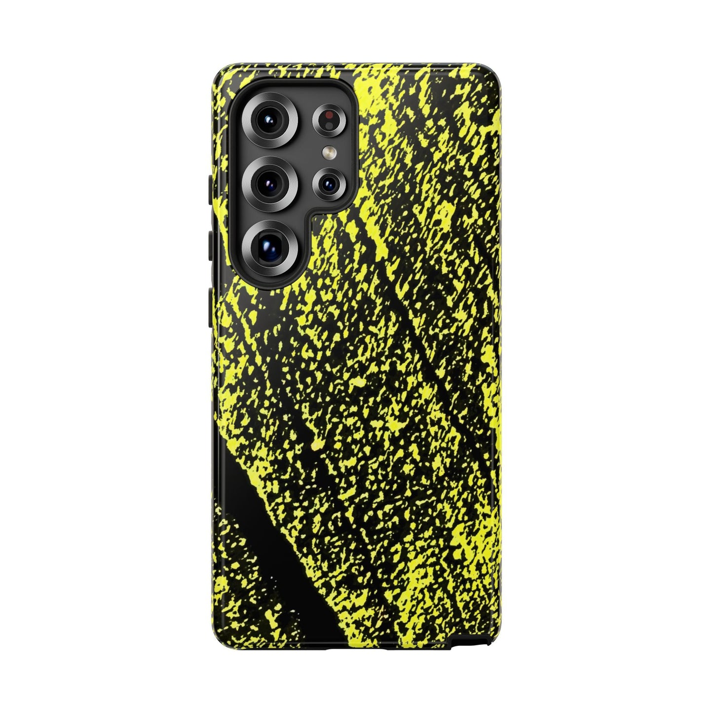 A protective phone case featuring a high-contrast black and neon yellow abstract paint splatter pattern, shown on a plain white background.