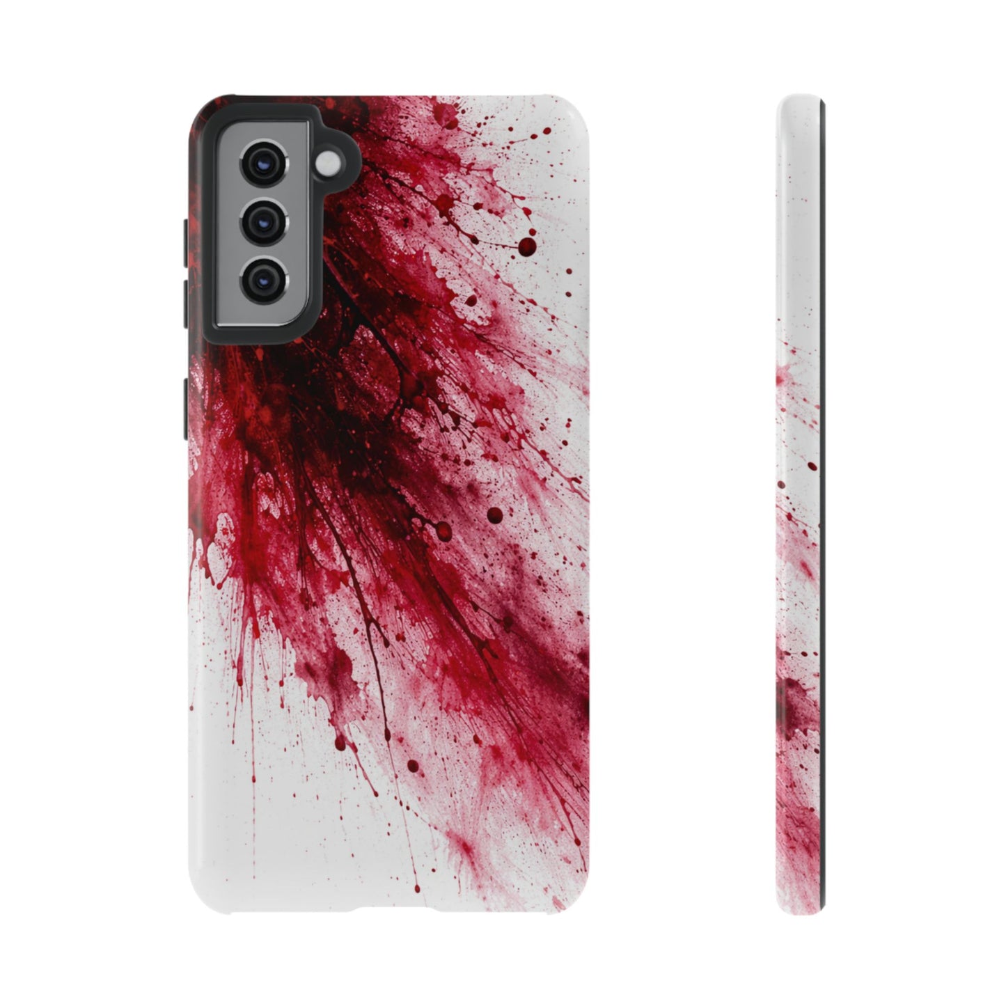 Phone case with red and white abstract design on a white background