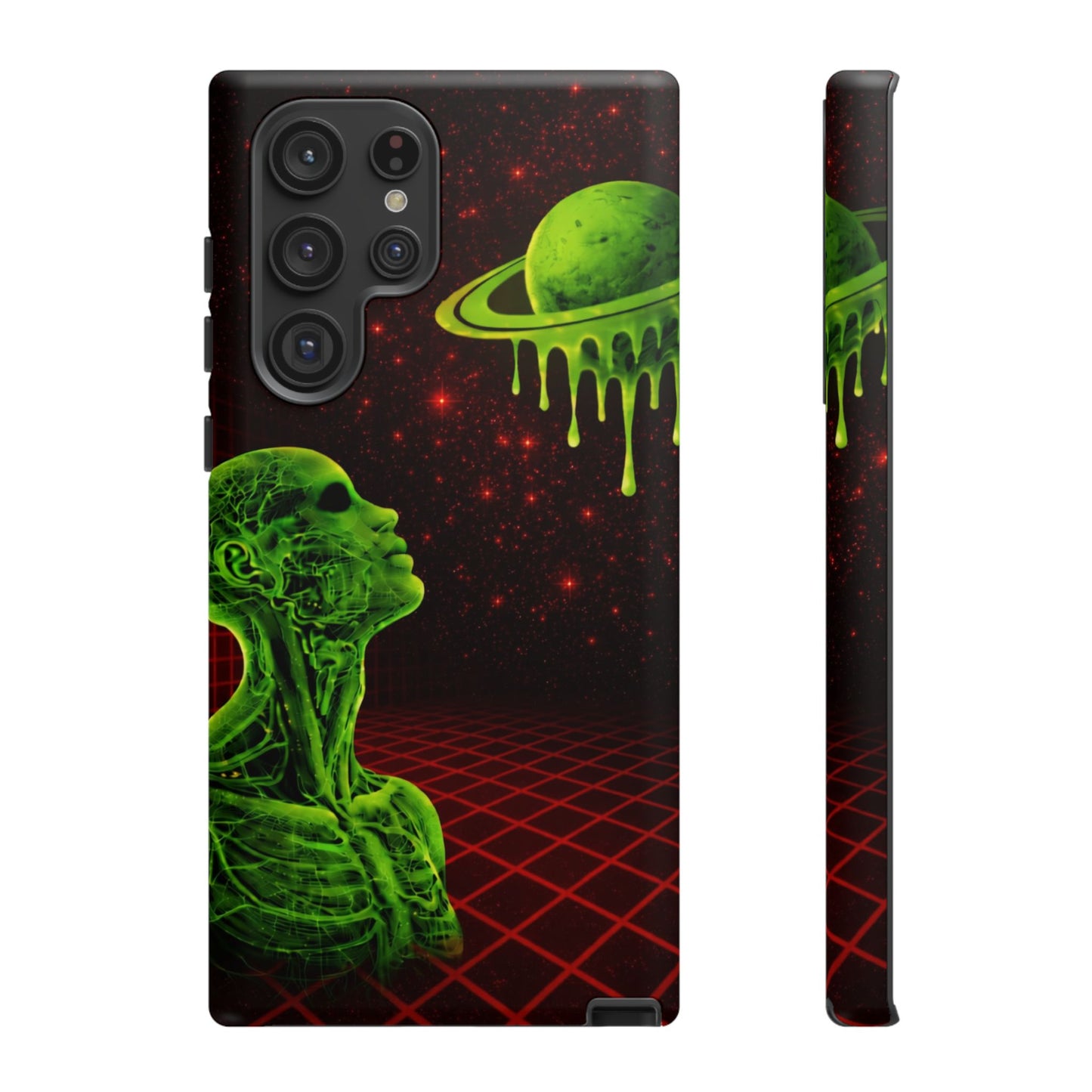 Glowing green anatomical bust gazing up at a dripping Saturn-like planet over a red grid and star-speckled space background on a black phone case.