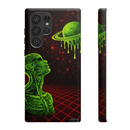 Glowing green anatomical bust gazing up at a dripping Saturn-like planet over a red grid and star-speckled space background on a black phone case.