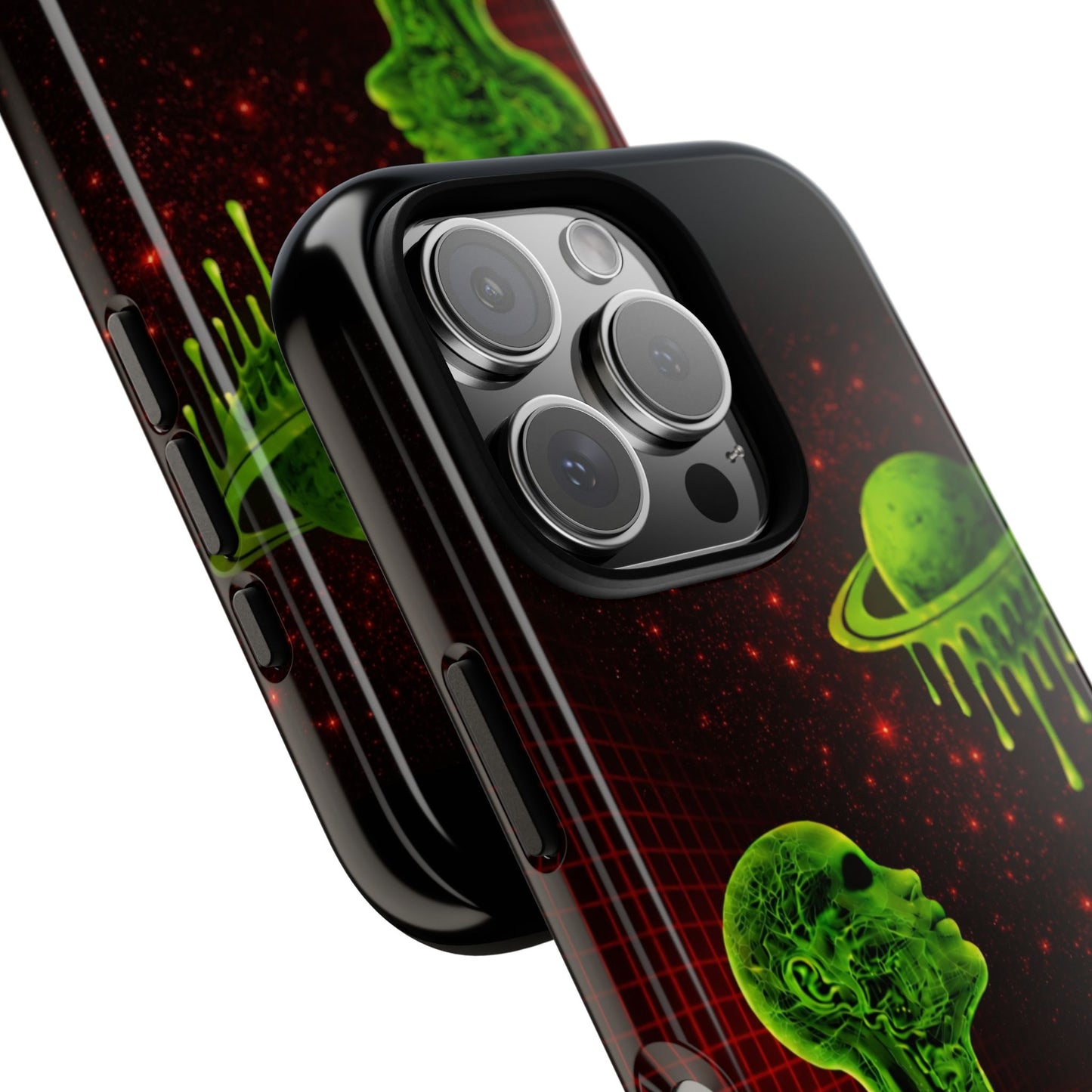 Glowing green anatomical bust gazing up at a dripping Saturn-like planet over a red grid and star-speckled space background on a black phone case.