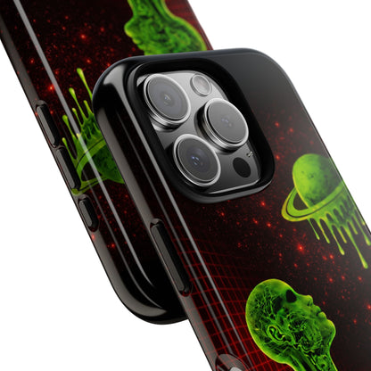 Glowing green anatomical bust gazing up at a dripping Saturn-like planet over a red grid and star-speckled space background on a black phone case.
