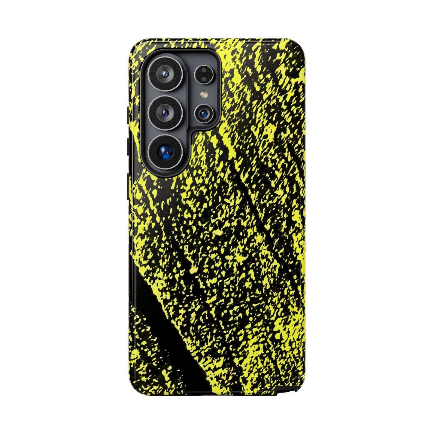 A protective phone case with a high-contrast black and neon yellow abstract paint splatter pattern, shown on a white background.
